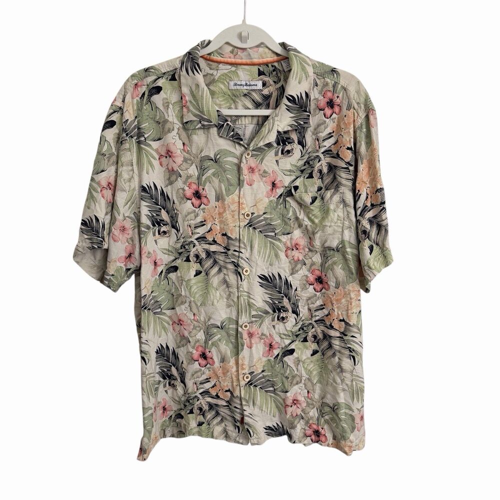 Tommy Bahama Camp Shirt‎ Mens XL Green Silk Garden of Hope & Courage Hawaiian